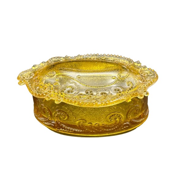 VTG Kemple Glass Honey Amber Lace and Dewdrop Pattern Trinket Box 1945-1970 - Picture 1 of 11